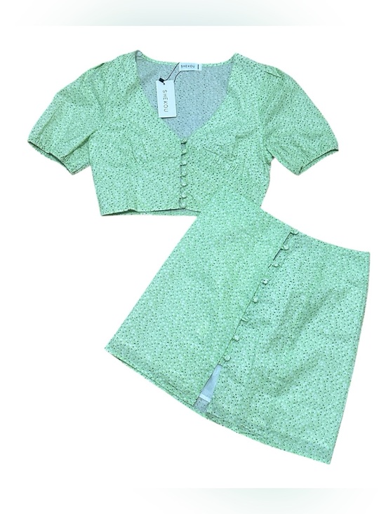 Shekou Other - SHEKOU NWT Green Floral Puff Sleeve Crop Top Mini Skirt Set Size M